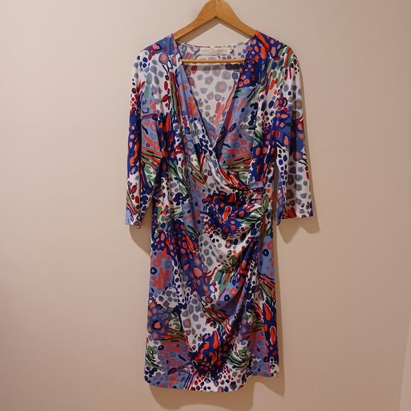 Tracy Negoshian Dolly Colorful Faux Wrap Ruched Dress 3/4 Sleeve XL Y2K Retro - Picture 1 of 8